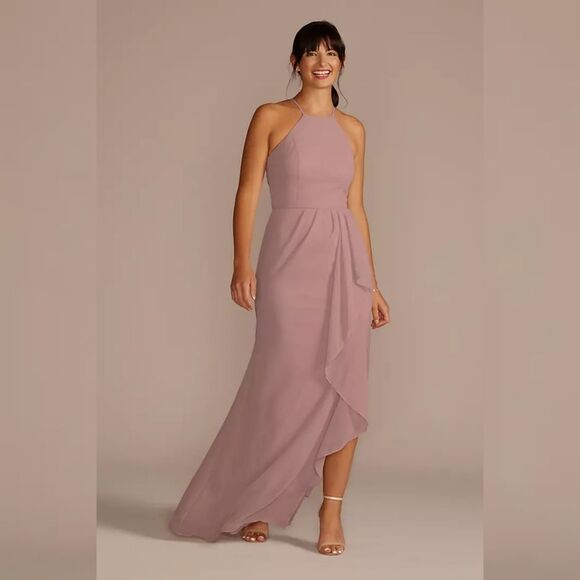 David's Bridal Dresses & Skirts - David's Bridal High Neck Chiffon Dress with‎ Cascade in Quartz Pink Size 18